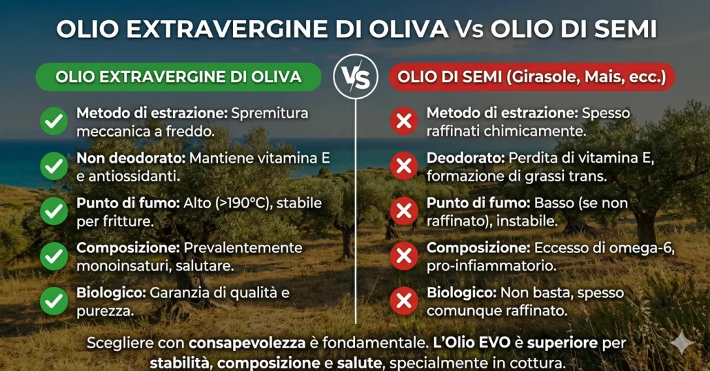 8 motivi per friggere con l'olio extravergine d'oliva | Arance e Olio Evo di Ribera dal tuo albero siciliano Infografica confronto olio evo vs olio di semi per frittura